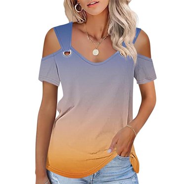 LOVZFMLL Hauts d'Été pour Femmes à Épaules Dénudées, Col Dégradé, Manches Courtes, Haut Blouse