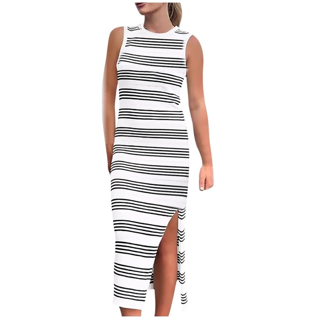 Pisexur Robes pour Femmes Mode Tricot Coton Lin Robes Respirantes Sans Manches Col Rond Robe Maxi Vintage à Rayures Fendue Robes Débardeur Été Décontracté Ajusté Élégant Robe Longue