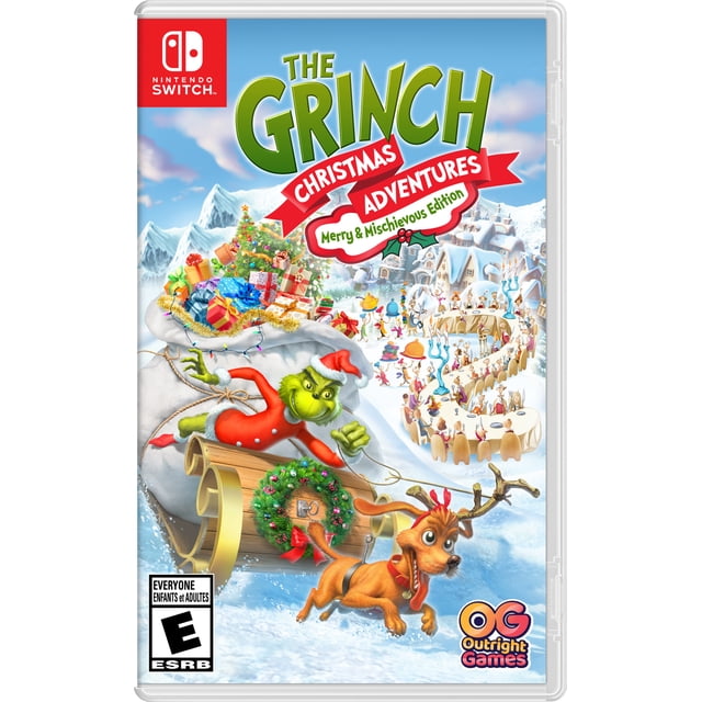 The Grinch Christmas Adventures – Merry & Mischievous Edition (Nintendo Switch) game cover showing The Grinch in a red Santa suit riding a wooden sleigh decorated with a green wreath, pulled by his dog Max wearing reindeer antlers, with a snowy Who-ville village and festive characters in the background.