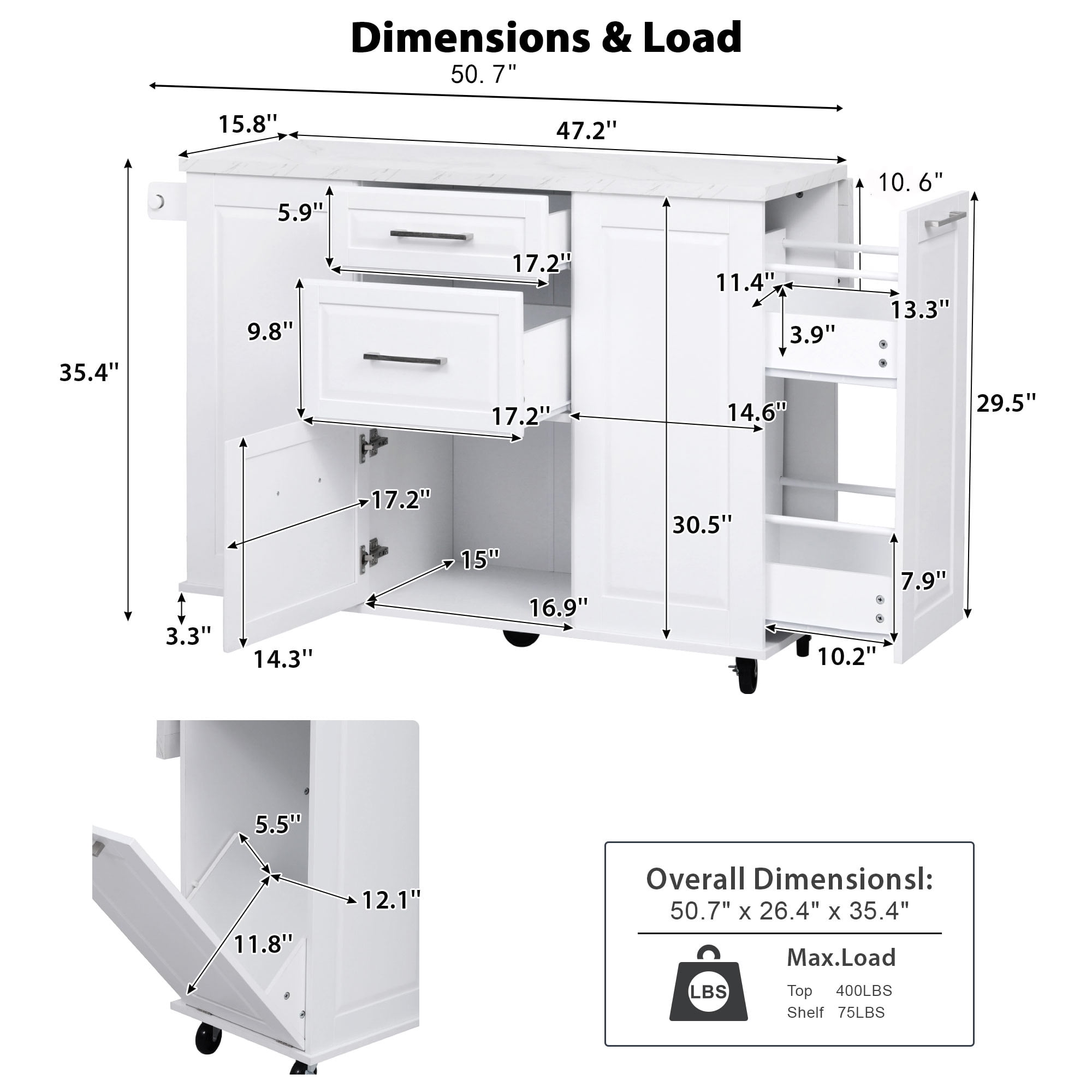 Homy Casa Kitchen Island Cart with Trash Bin, Storage, Foldable Top, White, 50.7"