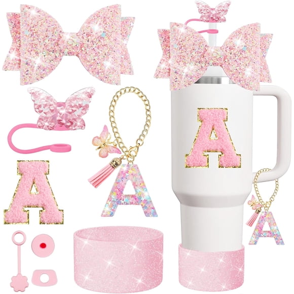 XIANGYUAN 8PCS Stanley Cup Accessories Set for Stanley Cup 30oz 40oz Tumbler with Handle,Including Straw Topper Cover Cap and Boot,Spill Proof Stopper,Handle Charm,Initials Sticker (Pink A)