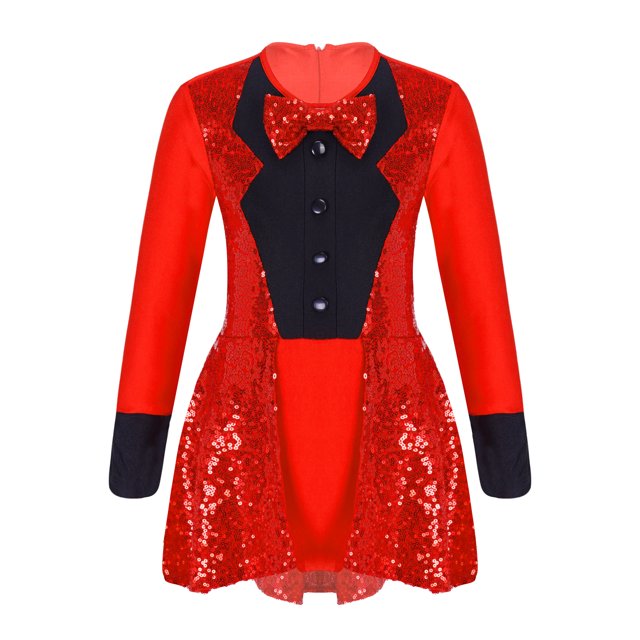 RUNQHUI Robe de Danse Ballet pour Filles Manches Longues Latin Samba Justaucorps Paillettes Patinage à Roulettes Rouge 10