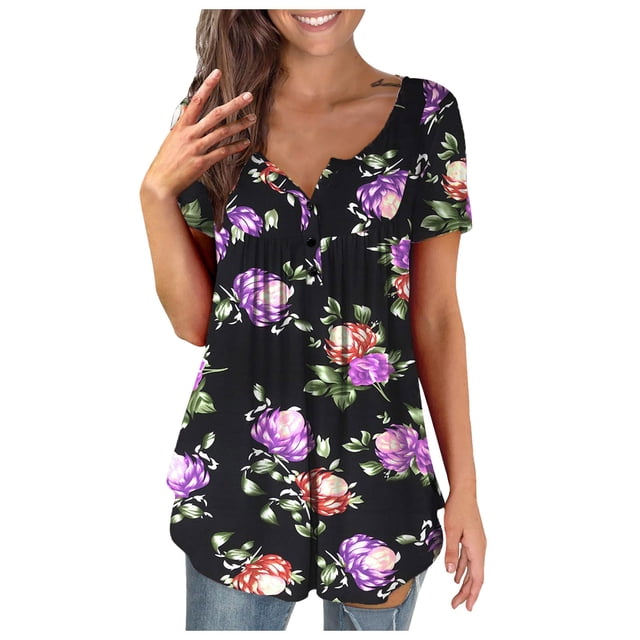 Blouses à Manches Courtes pour Femmes Mode Imprimée Décontractée Col en V T-Shirt Ample Blouse Hauts à Manches Courtes pour Femmes