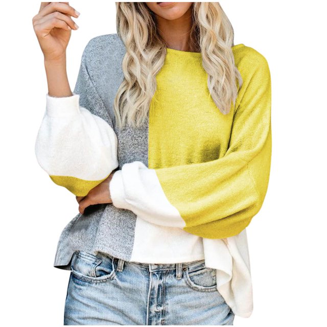 Pisexur Chandails pour Femmes Tendance Manches Longues Col Rond Chandails Décontractés Patchwork Colorblock Chandails d'Automne Blouse Hauts Pull Ample Surdimensionné Chandails pour Femmes