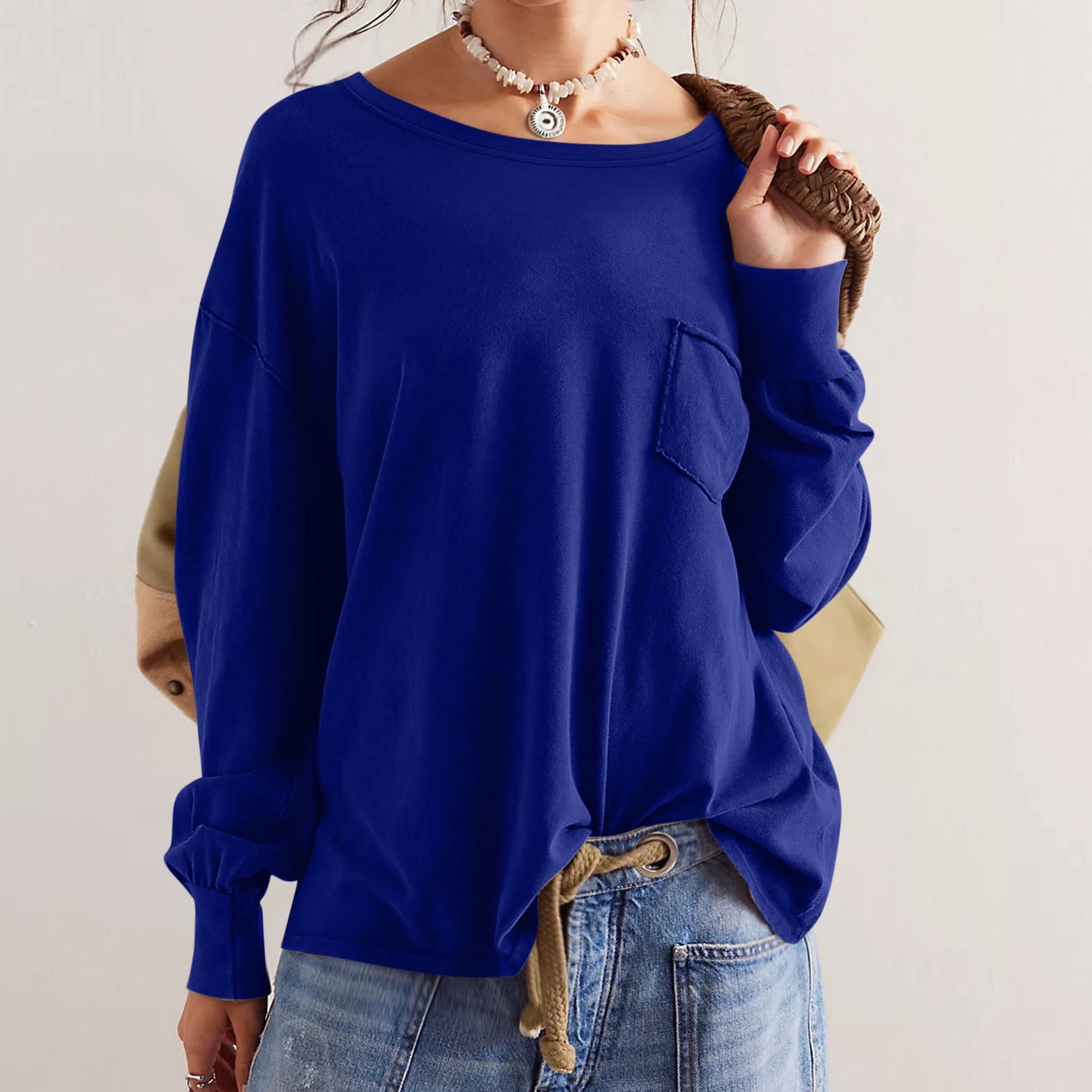 TIMIFIS Blue Womens Casual Long Sleeve Tops Fall Solid Loose Crew Neck Tunic Sweatshirt with Pockets