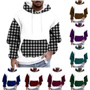 AnuYalue Big and Tall Hoodies for Men Fall Winter Casual Plaid Hoodie Patchwork Long Sleeve Hooded Pullover Drawstring Sweatshirts with Pocket