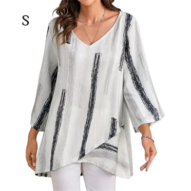 Women T-shirt Long Sleeve Loose Blouse Autumn V Loose T-shirt Neck Stripe Top, White, S