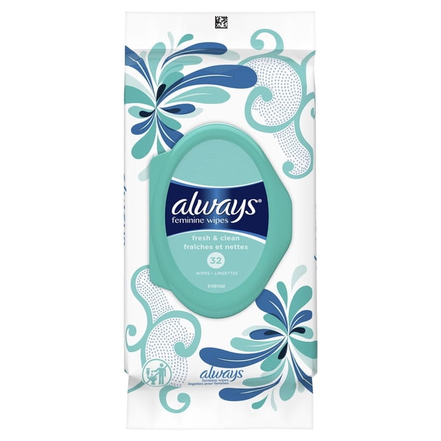Always Feminine Wipes Fresh & Clean soft pack with 32 lightly scented wipes in a resealable teal lid package featuring blue and teal floral patterns, designed for quick cleansing and freshness during feminine care.