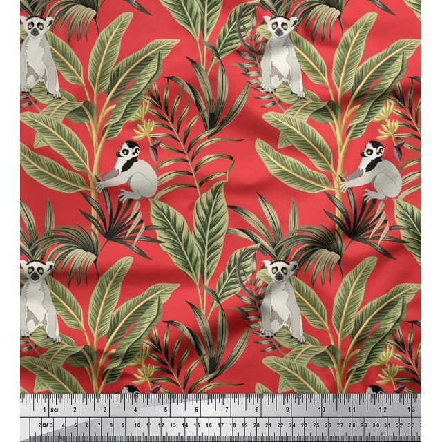 Soimoi Poly Georgette Fabric Leaves & Lemur Animal Fabric Prints by Yard 42 Inch Wide
