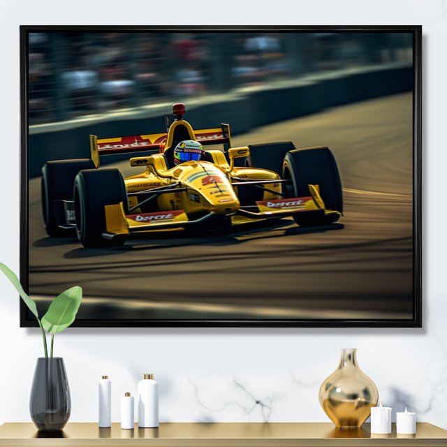 Designart Racing Oversized framed wall art decor, Racing framed wall Art, Rush of Formula Car at Speedway I , Yellow Modern black framed wall art, 44x34 inches black frame