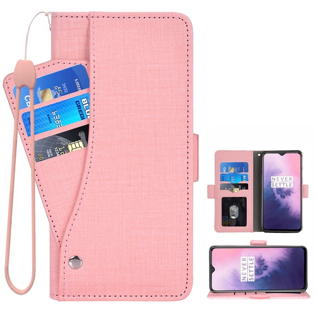 OnePlus 7 6T Case, iCoverCase Genuine Leather Wallet Case Slim Fit Folio Book Design with Stand and Card Slots Flip Case Cover for OnePlus 7 6T (Pink)