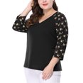 thumbnail image 4 of GRACE & GRANDEUR Chemises Blouse pour Femmes Grande Taille Col en V Manches 3/4 Raglan à Fleurs Décontracté Printemps Automne Hauts 5X Noir, 4 of 7
