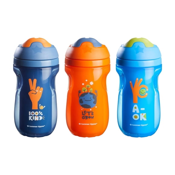 Tommee Tippee Insulated 3x9oz Sippee Cups, Water Bottle for Toddlers, Spill-Proof - 12m+, (Blue, Blue and Orange)