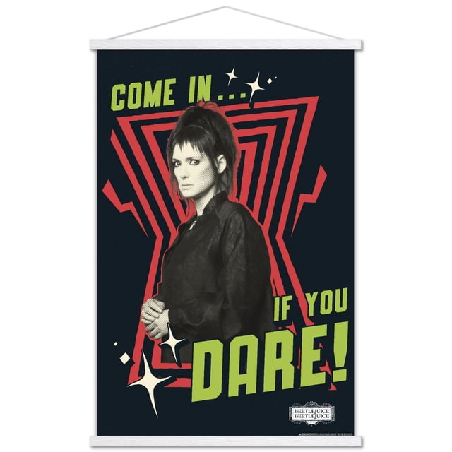 Beetlejuice Beetlejuice - Affiche Murale « Viens Si Tu Oses », 14,725 Po x 22,375 Po Encadrée, Représentant une Personne dans une Veste Sombre devant un Fond Noir avec une Spirale Géométrique Rouge, Texte Vert Audacieux « Viens... Si Tu Oses! » et des Étincelles Blanches en Forme d'Étoile, Légère et Facile à Accrocher avec un Accroche-Dents, Convient à la Décoration Murale de Chambre, de Bureau Ou de Dortoir.