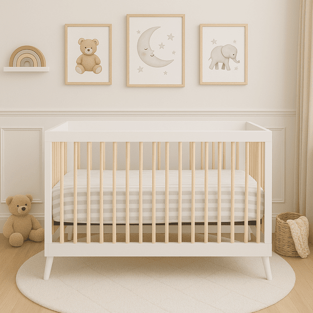 Concord Baby Axel 3 en 1 Lit de Bébé avec Cadre Blanc et Barreaux Ronds en Bois Naturel, Comprenant un Matelas de Lit de Bébé à Rayures sur une Plateforme de Matelas Ajustable avec Trois Réglages de Hauteur, Ensemble dans une Chambre de Bébé Neutre avec Lune Encadrée, Ourson en Peluche et art Mural d'Éléphant, une Peluche d'Ourson au Sol, et un Panier Tressé sur un Plancher de Bois Clair.