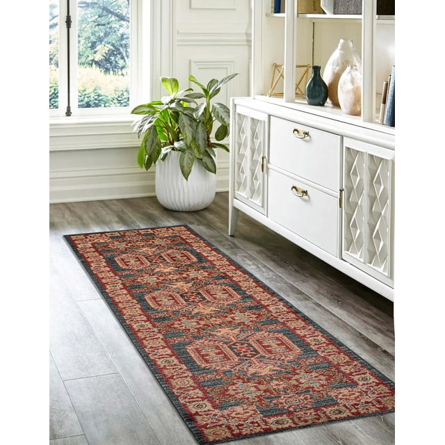 ECARPET Lena Traditional Runner Rug showcasing a geometric pattern of medallions, palmettes, and flowers in crimson red, blue, and gold, power-loomed from soft synthetic fibers, laid on a hardwood floor beside a white cabinet and a potted plant in a bright room, ideal for hallways, entrances, or living spaces.
