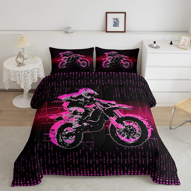 Erosebridal Cool Motorcycle Bedding King Comforter Set, Modern Stripes Down Comforter, Extreme Sports Decor, Reversible 3pcs