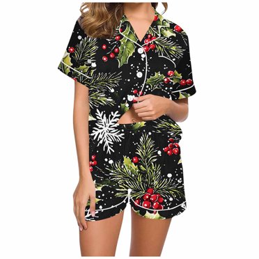 Diufon Christmas Pajamas Sets for Women Short Sleeve Button Down Top Plus Size Soft Printed Sleepwear Set