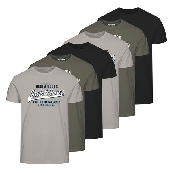 JACK&JONES T-Shirt pour Homme, Lot de 6 - T-Shirt JJETHAN à Col Rond, Logo Vintage, Coton Noir/vert/gris G (Grand)