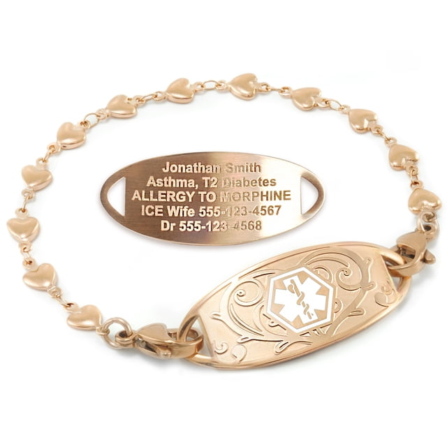 MedicEngraved Rose Gold Stainless Steel Custom Medical Alert Bracelet - 5mm Heart Link