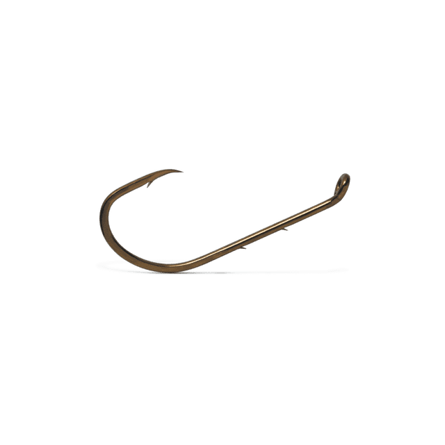 VMC Baitholder Crochet en Fini bronze, Montré en Gros Plan sur le Côté avec un Oeil Décentré Rabattable et un Corps Barbelé en Acier à Haute Teneur en Carbone avec un point de Coupe Affûté Chimiquement, Convient à l'Assemblage de Montages de Pêche en Eau Douce et Salée et Souvent Utilisé pour des Hameçons Parfumés sur Mesure.
