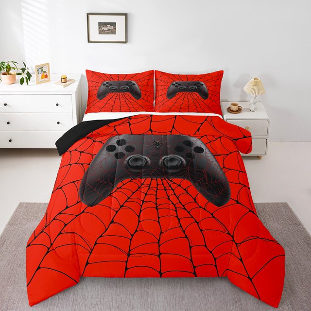 Erosebridal Boys Gamepad Comforter Sets Queen Size,Video Game Bedding Queen Comforter Set,Spider Web Decor,Reversible,3Pcs