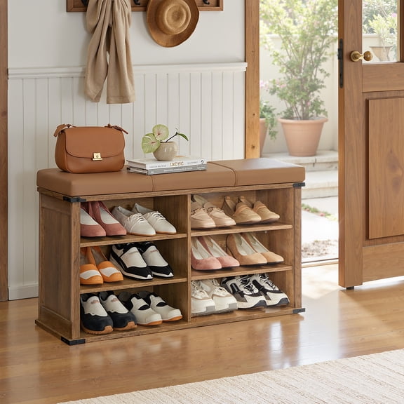 LEDREM Shoe Storage Bench with Removable Cushion, Entryway Bench with Padded Seat, 6 Open Compartments, Adjustable Shelves, Honey Brown