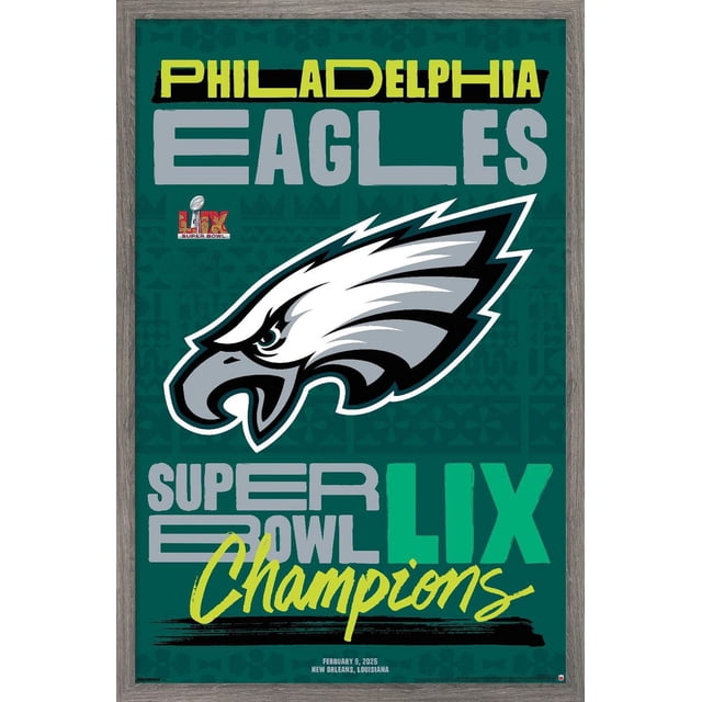 NFL Philadelphia Eagles - Affiche Murale du Logo de l'Équipe Super Bowl LIX, 22,375 Pouces x 34 Pouces Encadrée, Affichant le Logo des Eagles en Blanc, Gris et Noir sur Fond Vert Foncé avec « Philadelphia Eagles » en Texte Jaune et Gris. l'Affiche Mettant en Vedette « Super Bowl LIX Champions » avec la date du 9 Février 2025 et la Ville de La Nouvelle-Orléans, Louisiane