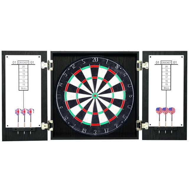 Winchester Dartboard & Cabinet Set - Black with an 18-inch sisal fiber dartboard inside a black engineered wood cabinet featuring a driftwood melamine finish. The cabinet doors open to dual dry erase scoreboards and built-in dart holders with six steel-tipped darts, three with Union Jack flights and three with American flag flights. The staple-free bull's-eye and removable number ring reduce bounce-outs and extend dartboard life. Cabinet measures 3.75-in L x 19.75-in W x 19.75-in H.