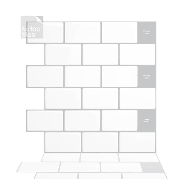 Tic Tac Tiles Tuiles Adhésives 3D Pelables et Autocollantes 6 Feuilles 12"x12 Pouces en Subway Mono Blanc