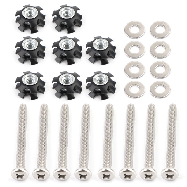 8pcs REPAIR KIT Star nuts 1/4-20 screws for 1-inch OD tube threadless forks. Includes 8 forged carbon steel star nuts, 8 stainless steel 2 1/2-inch pan head screws, and 8 stainless steel flat washers. Designed for securing RV ladders, luggage racks, shelves, or cargo racks. Easy installation and durable materials.