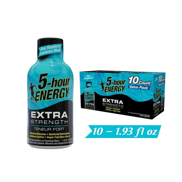 5 Hour Energy Extra Bouteille de Shooter Énergétique Framboise Bleue Forte et Boîte d'Emballage Valeur de 10 Unités en Emballage Bleu et Noir, Comprenant des Vitamines, des Nutriments, de la Caféine et des Étiquettes Sans Sucre, Chaque Bouteille Contenant 1,93 oz Liq, Convient pour une Énergie Rapide en Déplacement.