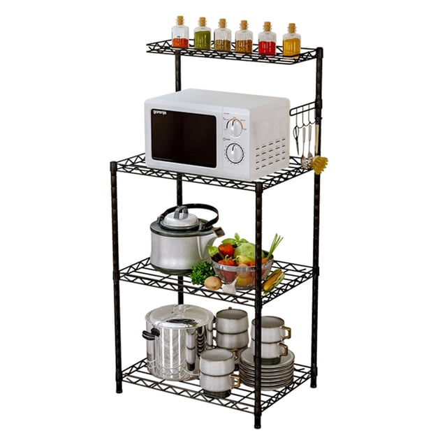 Versatile 4 Tier Bakers Rack Microwave Stand Kitchen Oven Adjustable Black. This black carbon steel rack features four adjustable tiers with baked enamel finishes, providing ample storage for kitchenware, groceries, and appliances like microwaves and toasters. Includes side hooks for hanging utensils and leveling feet for stability.