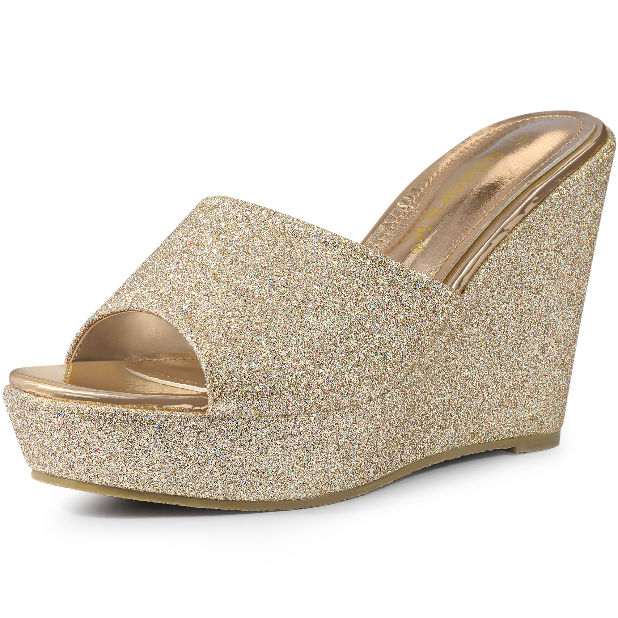BLISSFUL STEP Sandales à Talon Compensé à Paillettes pour Femmes, Mules à Plateforme à Bout Ouvert, Or 7