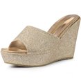 thumbnail image 1 of BLISSFUL STEP Sandales à Talon Compensé à Paillettes pour Femmes, Mules à Plateforme à Bout Ouvert, Or 7, 1 of 6