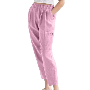 Plus Size Pants for Women Summer Pants Casual Solid Color Elastic Waist Linen Pockets Pants Womens Tall Pants Pink XXL