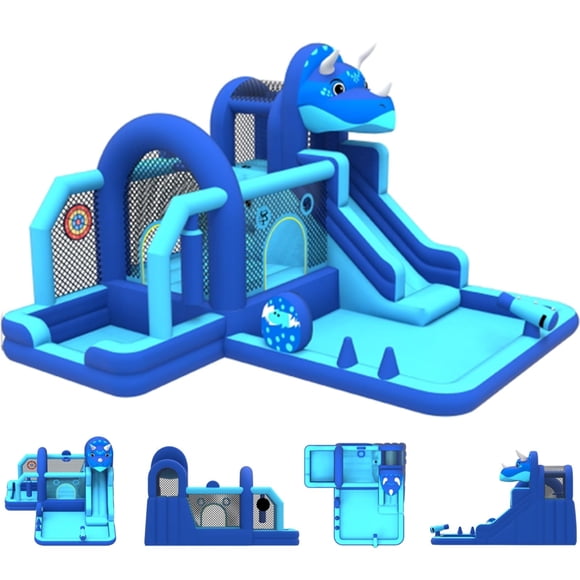 Garvee Dinosaur Bounce House, with Slide & Climbing Wall, Air Blower, Outdoor Jumper for Kids, Blue