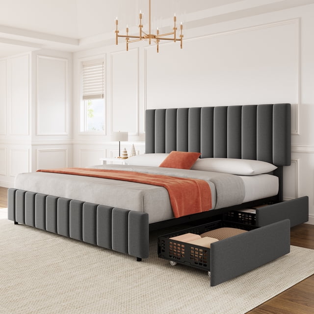 Lit Plateforme Rembourré Matelassé en Lin avec Tête de Lit Réglable et 4 Tiroirs de Rangement, Lattes en Bois Robustes et Aucun Sommier Requis