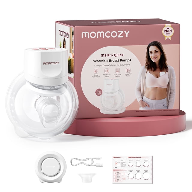 Momcozy Breast Pump S12 Pro Quick, Hands-Free Wearable & Wireless Pump, 3 Modes & 9 Levels Electric Pump Portable, Smart Display, 1 Count, White wearable pump shown front-facing inside a bra; compact white unit with integrated smart display, soft silicone DoubleFit hybrid flange, ergonomic grip tabs, wireless 1350 mAh battery and whisper-quiet operation.