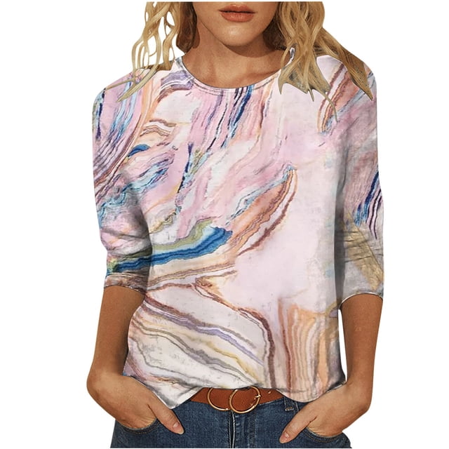 T-shirts pour Femmes Coupe Ample Mode pour Femmes T-Shirt Imprimé Manches 3/4 Blouse Col Rond Hauts Décontractés T-Shirts Femmes Coupe Ample T-Shirts pour Femmes Coupe Ample T-Shirts pour Femmes Mode