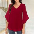 thumbnail image 4 of Savings Clearance Womens Ruffle 3/4 Sleeve V Neck Double Layers Chiffon Blouses Dressy Tops, 4 of 8