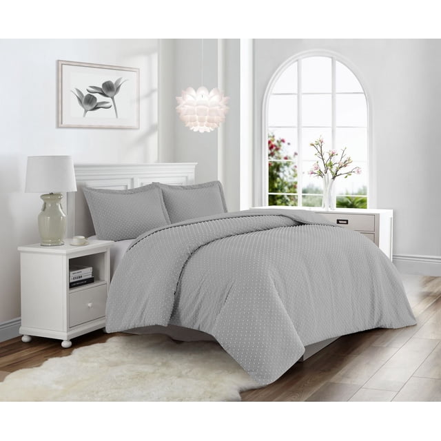 Swift Home Dot Clip Textured Duvet Cover Set, Soft All Season Bedding with Zipper Closure, King, Light Gray