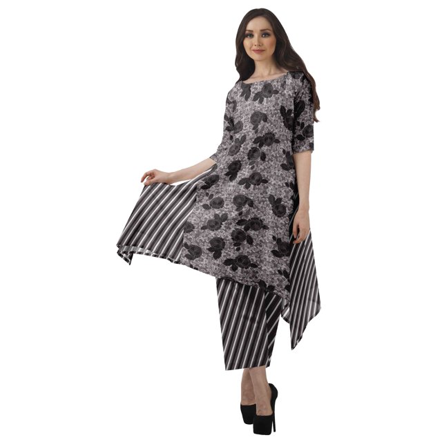 Moomaya Ensemble Kurti Kurta Pantalon pour Femmes Col Bateau Imprimé Robe 2 Pcs Tenue Ethnique