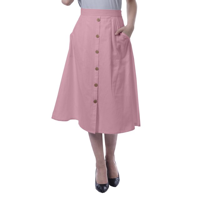 Moomaya Womens Below Knee Length A-Line Skirt Front Button Casual Skirt w/ Pockets