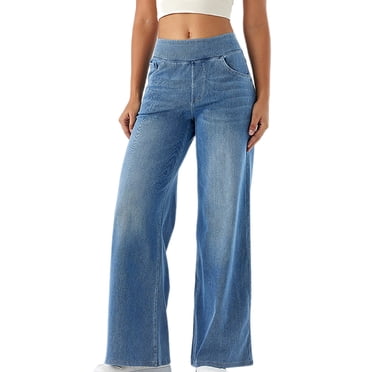 biudgviw Women's Wide Leg Jeans Baggy High Waisted Pull on Stretch Denim Pants Trendy Casual Trousers with Pockets