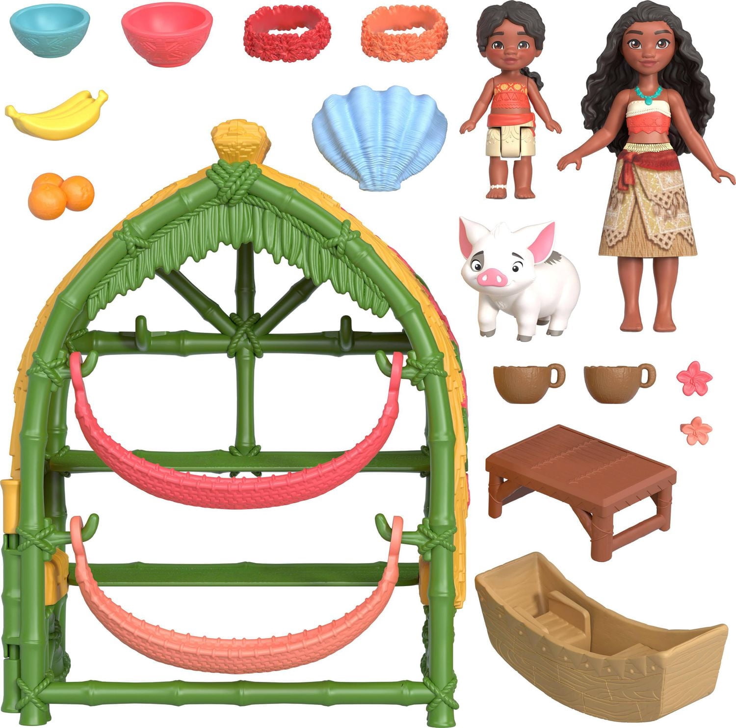 Jouets Moana 2 de Disney de Mattel, coffret de jeu Maison de village de Moana et Simea avec 2 petites poupées, figurine Pua et 15 accessoires