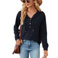 thumbnail image 2 of Yuyuzo Womens Fall Sweatshirts Drawstring V Neck Buttons Long Sleeve Textured Knit Pullover Tops, 2 of 7