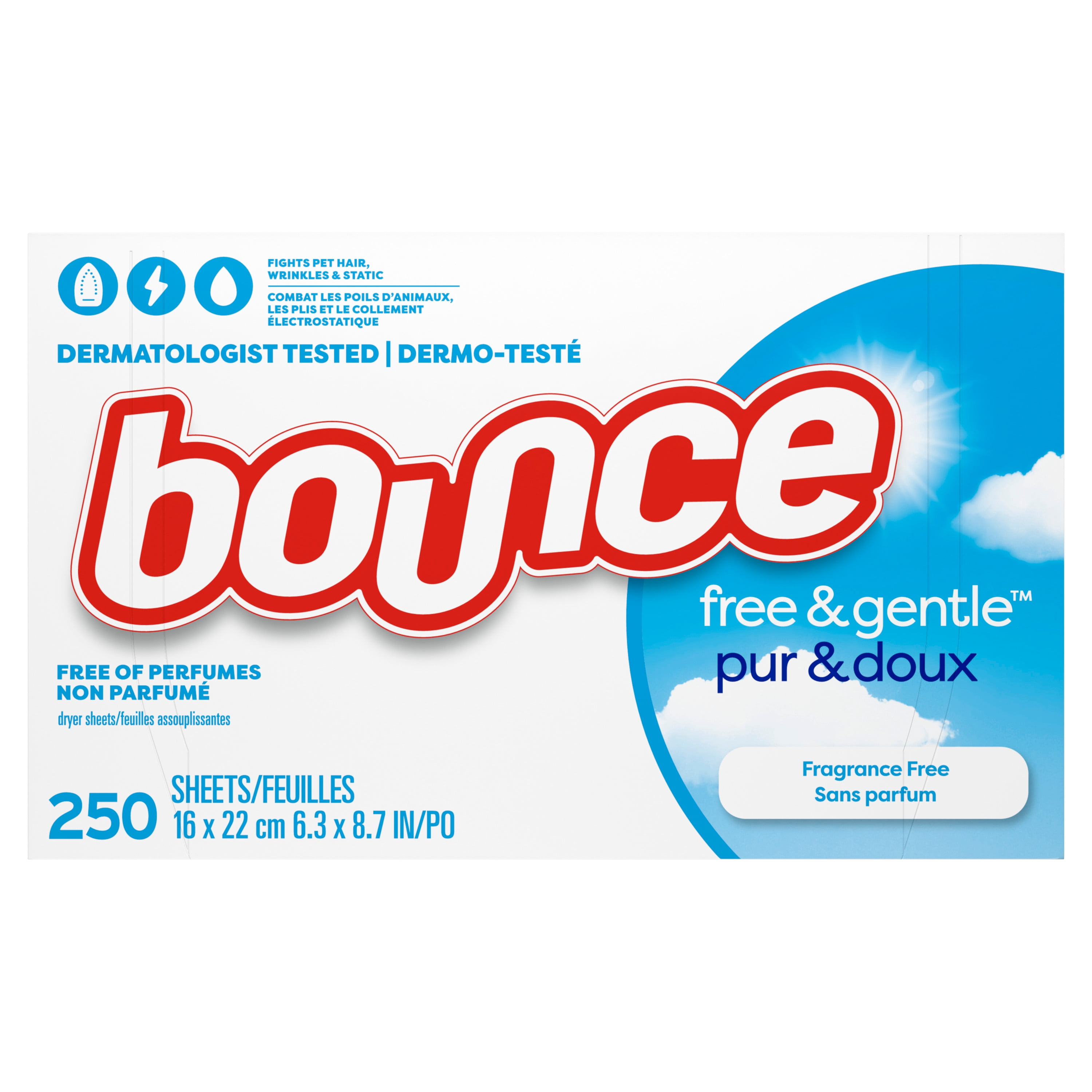 Feuilles assouplissantes Bounce, Pur et doux, non parfumées, feuilles assouplissantes hypoallergéniques pour la peau sensible et sans colorants ni parfums, 250 unités