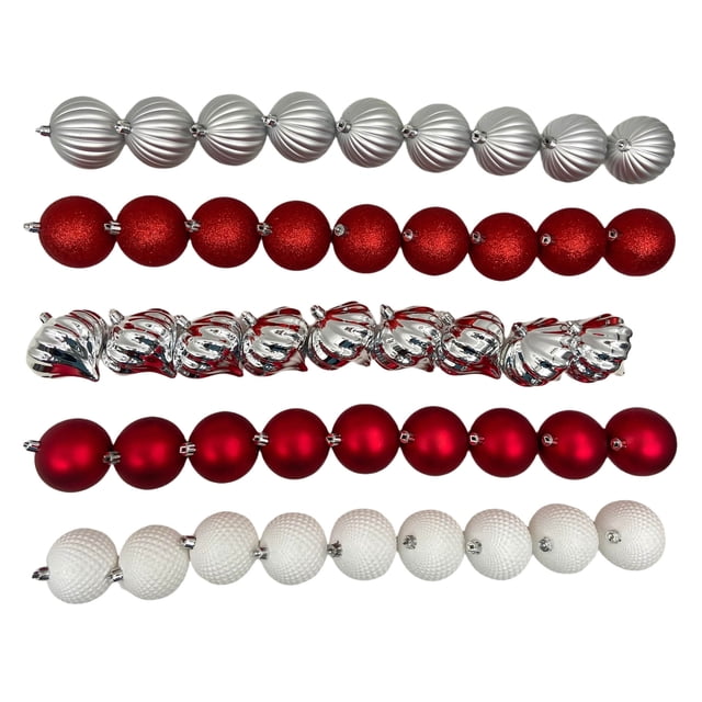 Holiday Time 45 Count Shatterproof Ornaments-Red/Silver/White