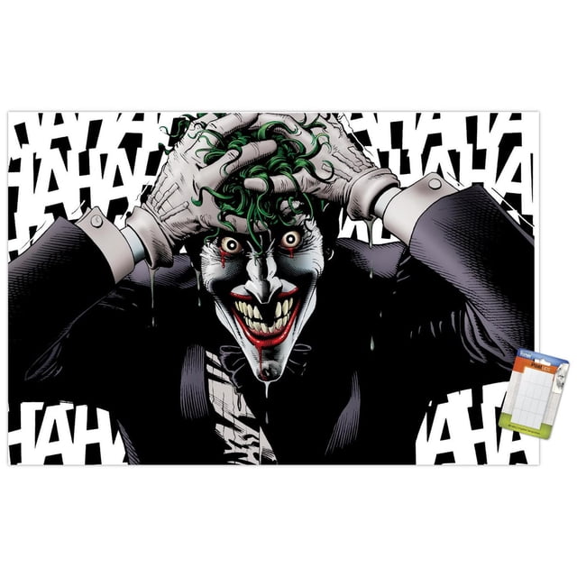DC Comics - The Joker - Crazy Wall Poster, 22.375" x 34" features a front-facing illustration of the Joker with green hair and white face paint, wearing a dark suit and gloves, gripping his head with a wide grin and red lips, set against a white background with repeated black 'HA HA' text, printed on premium satin finish by Trends International, suitable for wall art and room décor.